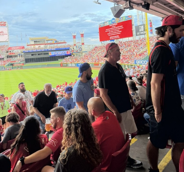 The Great American Ball Park jumbotron showing the Group of the Game welcome message for the Ohio Valley Airstream Club